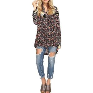 Free People Tunic Top Women S Black Floral V-Neck Button Down High Low Boho